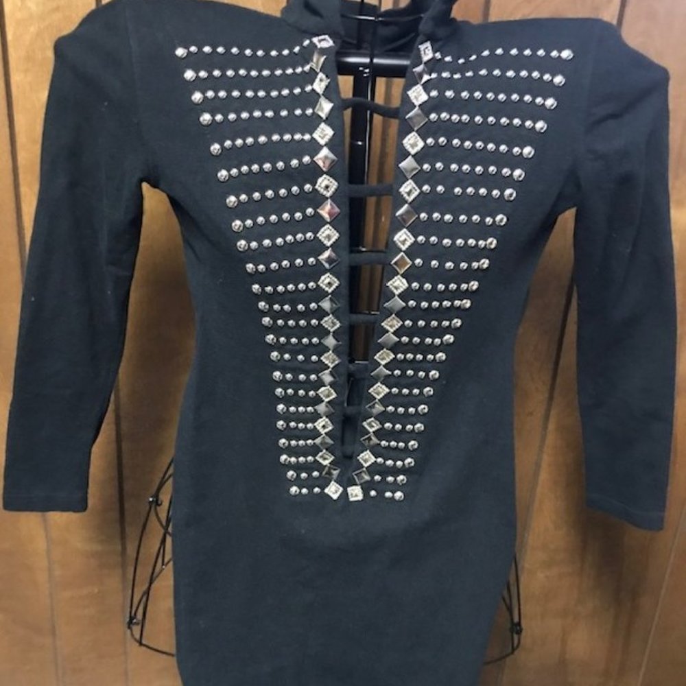 Atomic Age Long Sleeved Black Dress with Silver Studded Bodice and open Back.